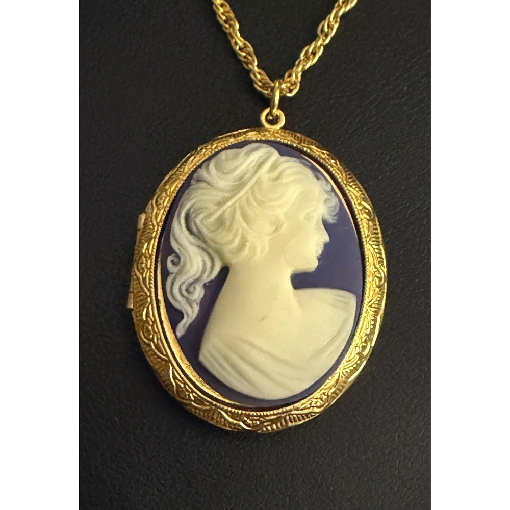 Vintage Cameo Locket Necklace Victorian Revival Gold Tone